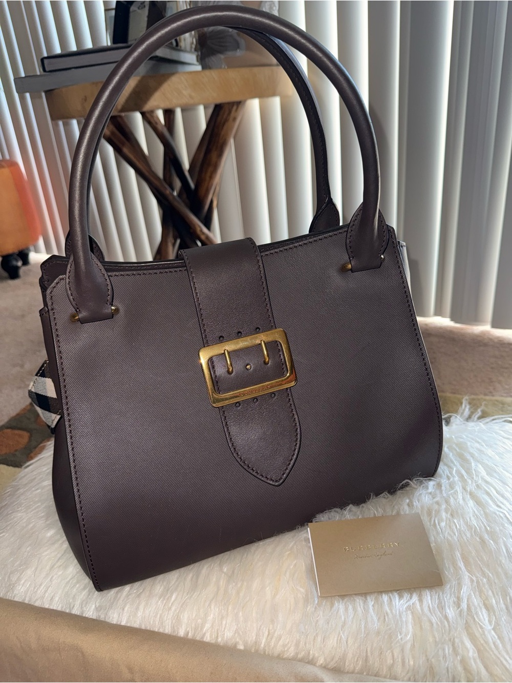 Burberry Dark Brown Leather Buckle Satchel with detachable strap